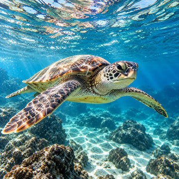 Meeresschildkröte schwimmt durch türkisblaues Wasser über einem felsigen Meeresboden – Symbol für Artenvielfalt und Meeresschutz.