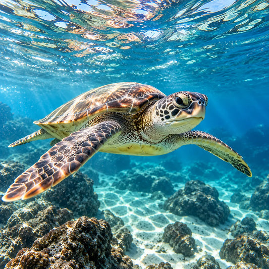 Meeresschildkröte schwimmt durch türkisblaues Wasser über einem felsigen Meeresboden – Symbol für Artenvielfalt und Meeresschutz.