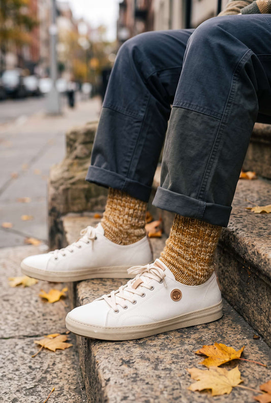 Weiße vegane SABIA Sommer-Sneaker aus recycelten Materialien, getragen zu blauer Jeans auf einer Steintreppe