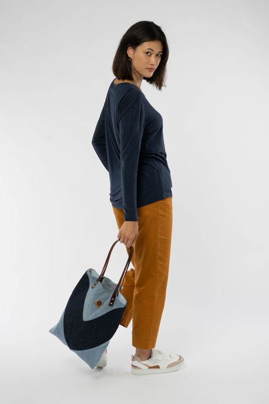 Shopper Leder aus Recycelten Jeans Baumwolle Dark Denim, Vorderansicht