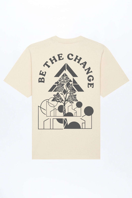 Lockeres Herren-T-Shirt, naturfarben/creme, mit großem Grafikprint und Schrift.