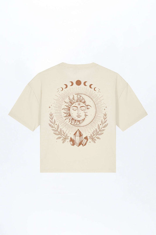 Damen-T-Shirt Natur mit Rückenprint Sonne-Mond-Gesicht und Lorbeer