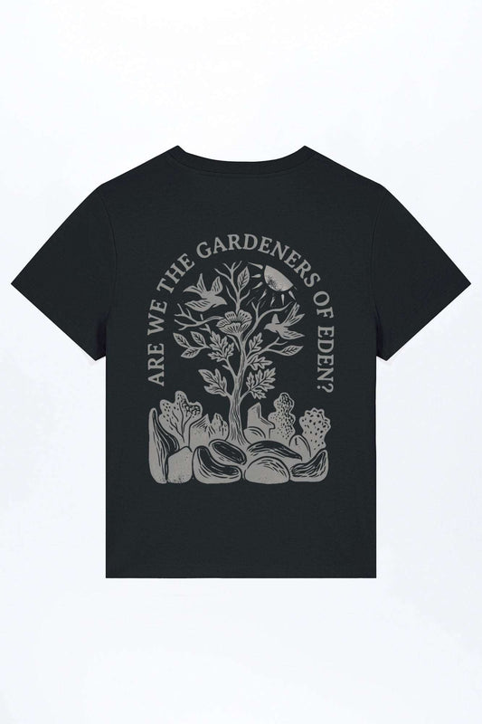 Damen-T-Shirt Garden of Eden, schwarzes Shirt mit Pflanzen- und Tiergrafik vorn