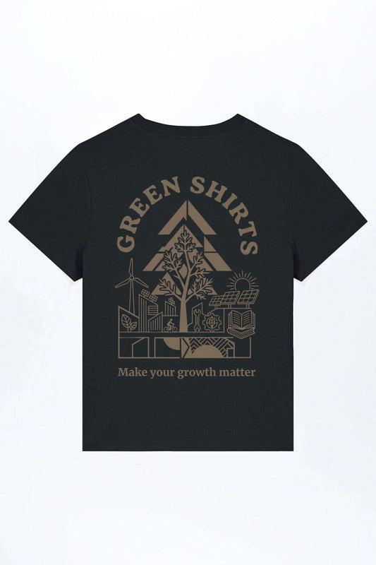 Schwarzes Damen-T-Shirt mit großem Frontprint, Baum und Schriftzug