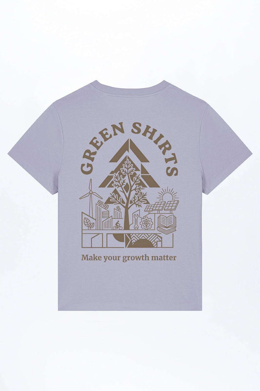 Lavendelfarbenes Damen-T-Shirt mit großem Frontprint, Baum und Schriftzug