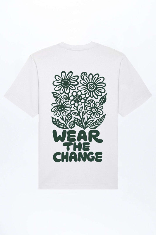 Weißes Herren-T-Shirt mit großem Blumen-Print und „WEAR THE CHANGE“