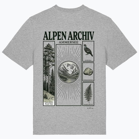 Herren-T-Shirt Alpen Archiv mit großem Ammersee-Print, heather grey