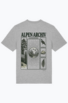 Herren-T-Shirt Alpen Archiv mit großem Ammersee-Print, heather grey