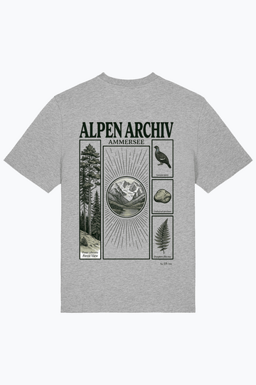 Herren-T-Shirt Alpen Archiv mit großem Ammersee-Print, heather grey