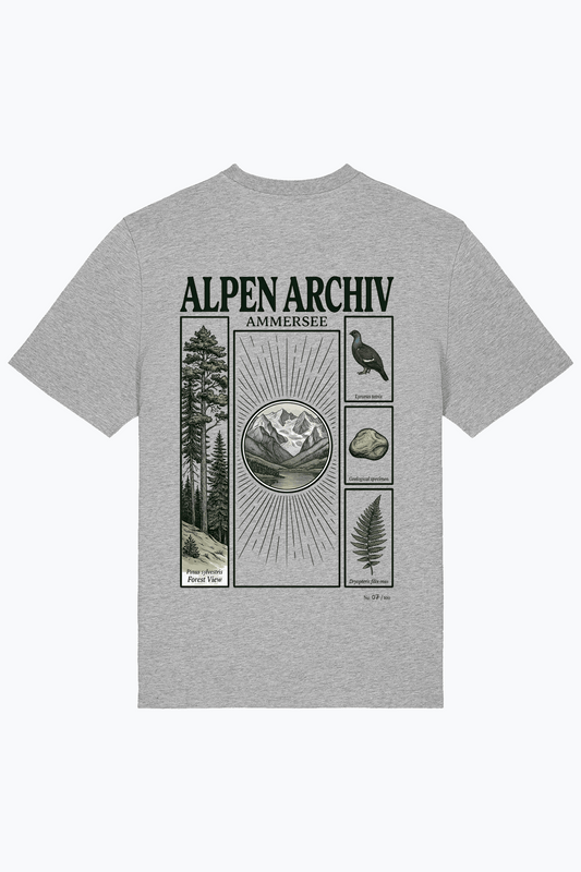 Herren-T-Shirt Alpen Archiv mit großem Ammersee-Print, heather grey