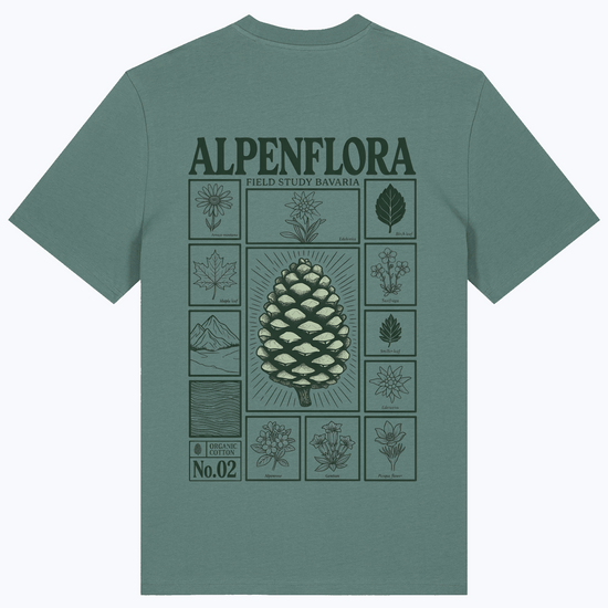 Herren-T-Shirt grün mit Alpenflora-Grafik auf der Vorderseite
