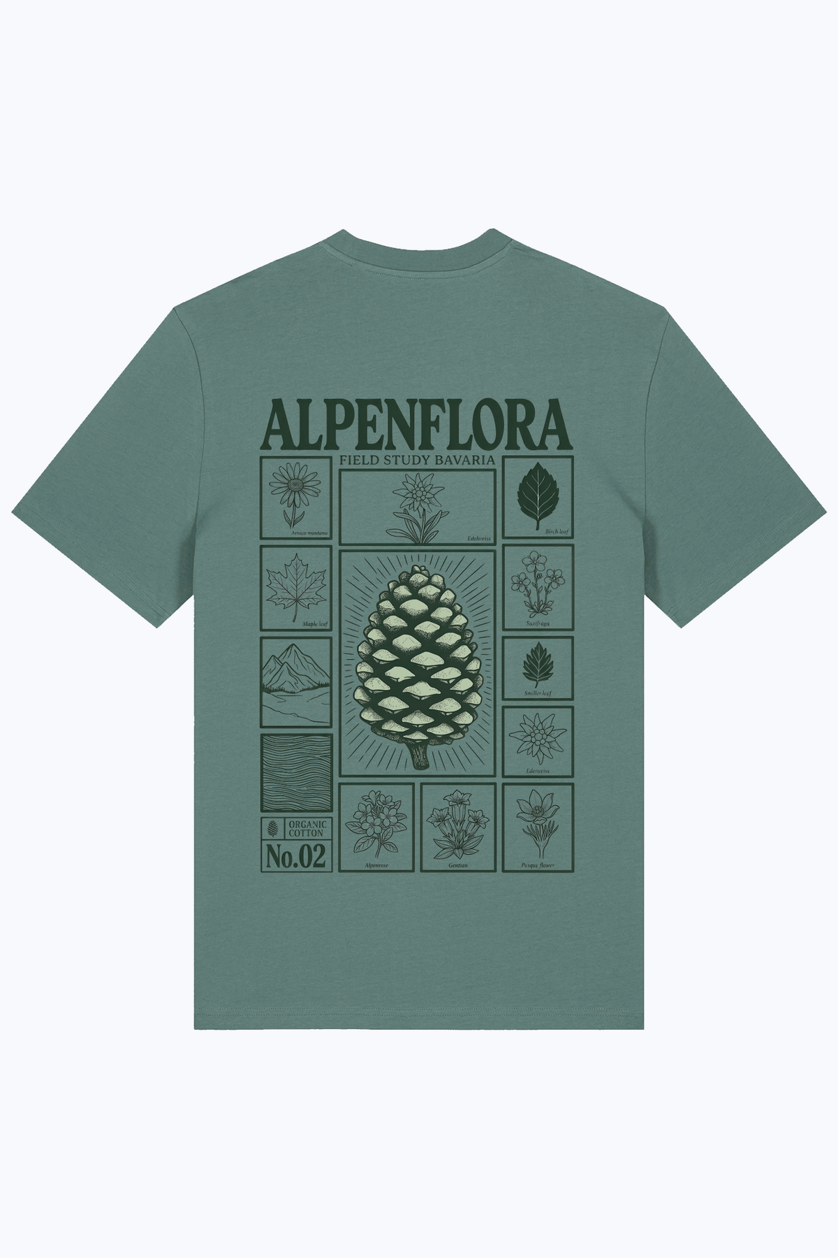 Herren-T-Shirt grün mit Alpenflora-Grafik auf der Vorderseite