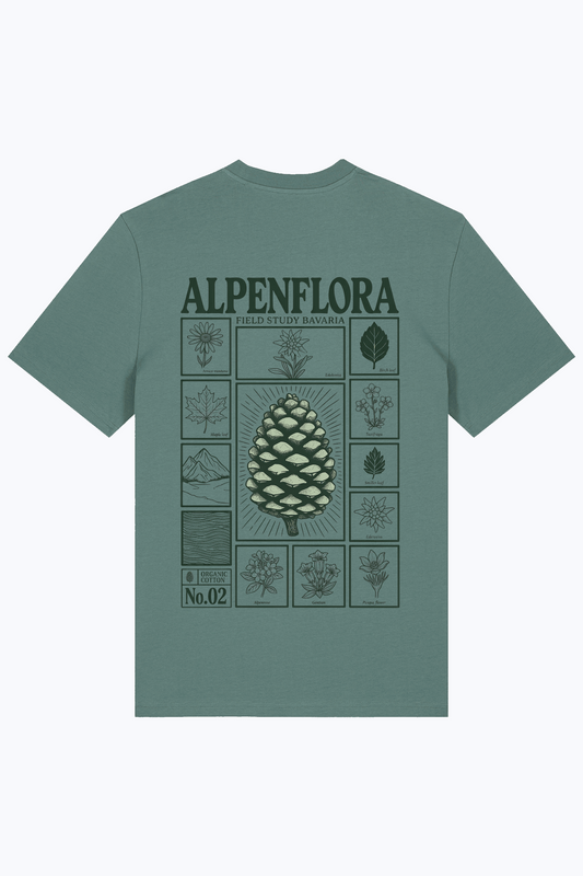 Herren-T-Shirt grün mit Alpenflora-Grafik auf der Vorderseite