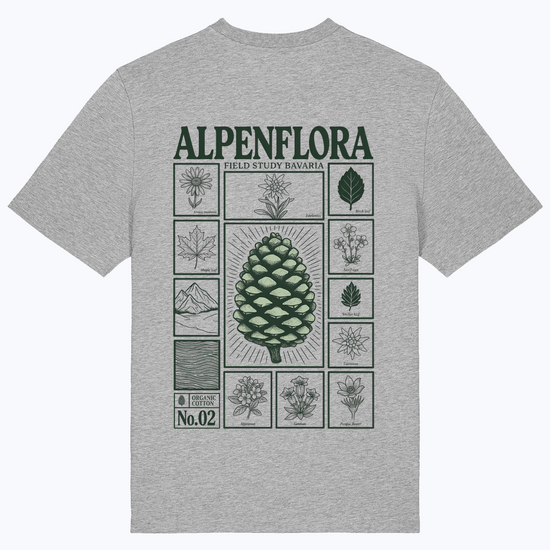 Herren-T-Shirt heather grey mit großem Alpenflora-Print auf der Rückseite