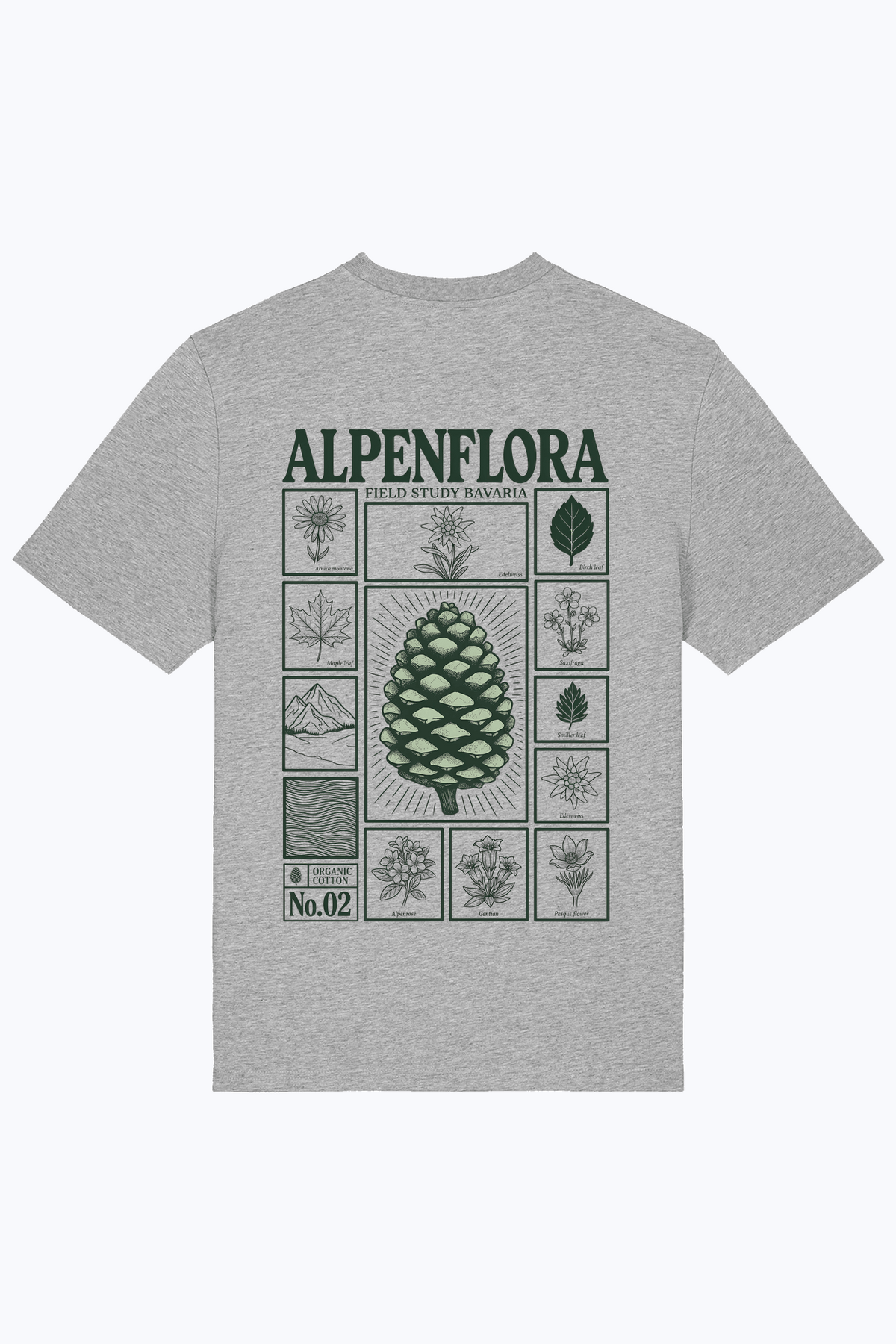 Herren-T-Shirt heather grey mit großem Alpenflora-Print auf der Rückseite