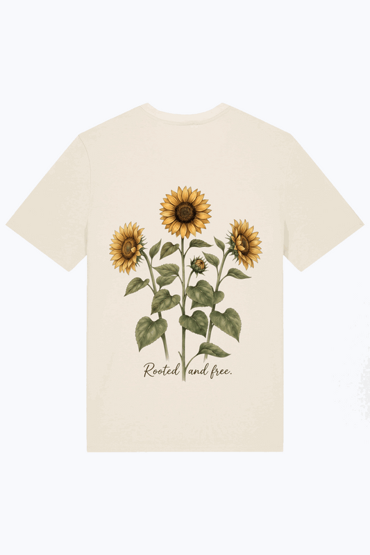 Naturfarbenes Herren-T-Shirt mit Sonnenblumen-Print und Aufschrift „Rooted and free“