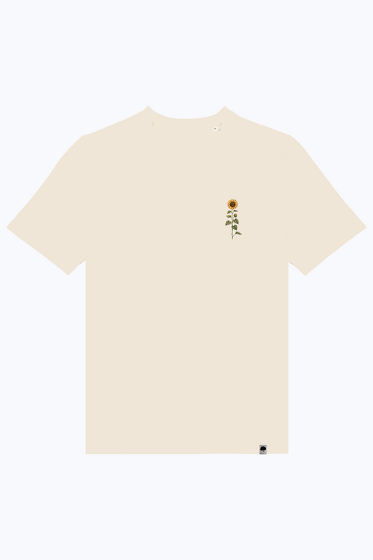 Naturfarbenes Herren-T-Shirt mit kleinem Sonnenblumen-Emblem auf der Brust