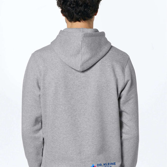 Grau melierter Hoodie mit Kapuze, Rückenansicht, Logo unten
