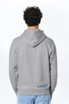 Grau melierter Hoodie mit Kapuze, Rückenansicht, Logo unten