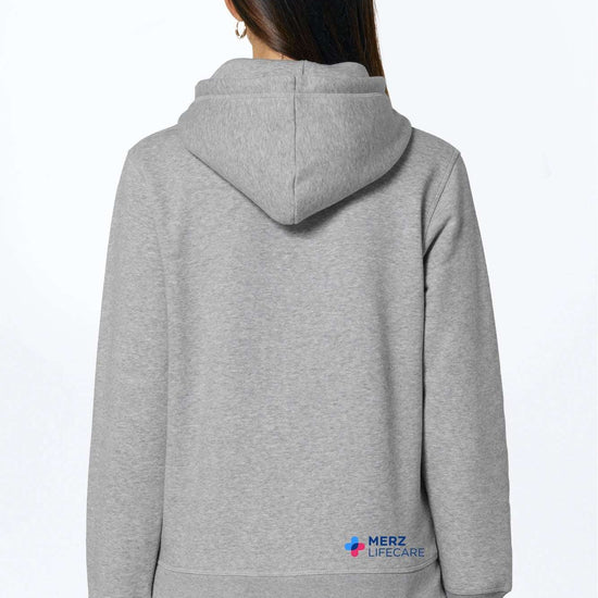 Merz Lifecare Kapuzenhoodie in meliertem Grau, Rückansicht mit Kapuze
