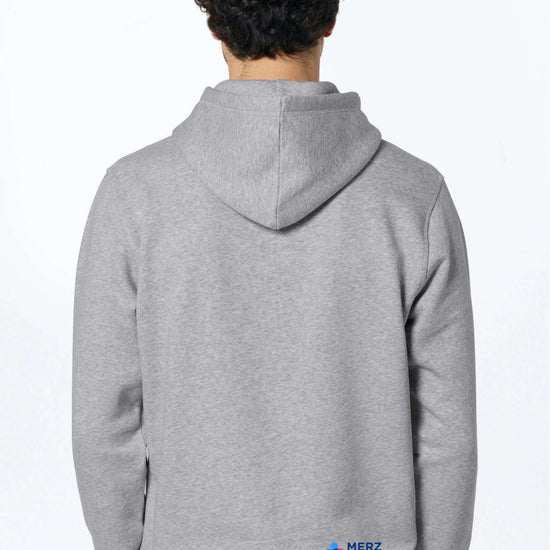 Merz Lifecare Kapuzenhoodie in meliertem Grau, Rückansicht mit Logo unten