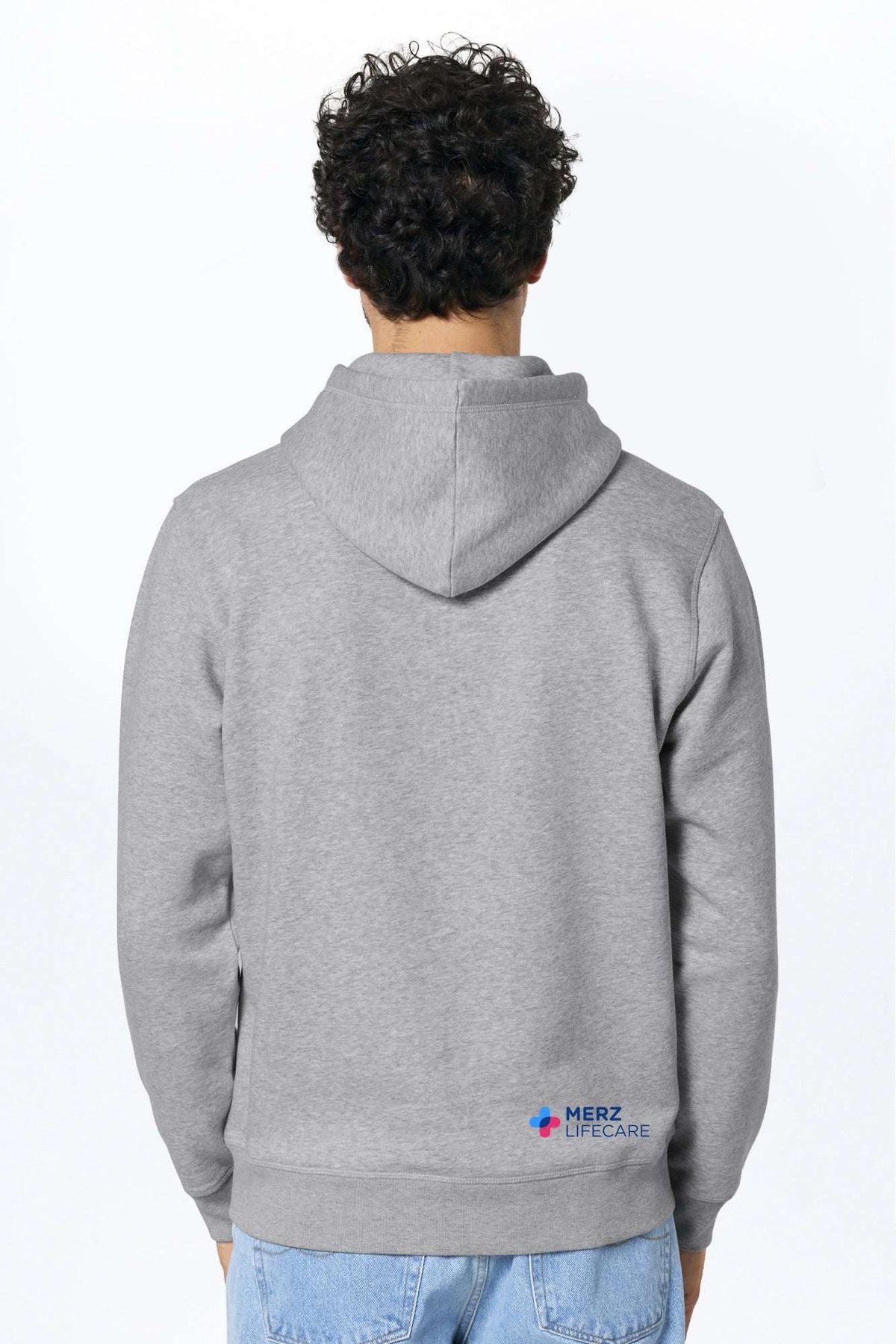 Merz Lifecare Kapuzenhoodie in meliertem Grau, Rückansicht mit Logo unten