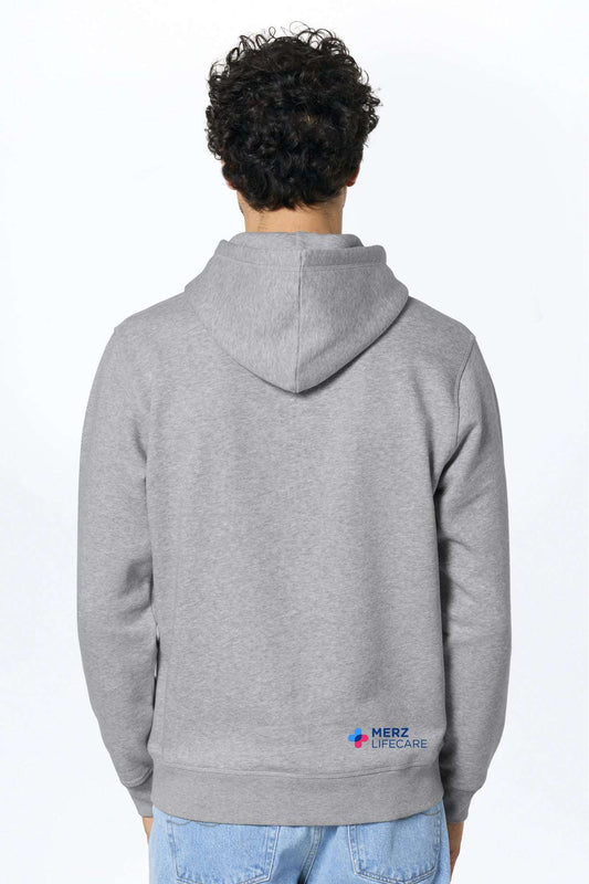 Merz Lifecare Kapuzenhoodie in meliertem Grau, Rückansicht mit Logo unten