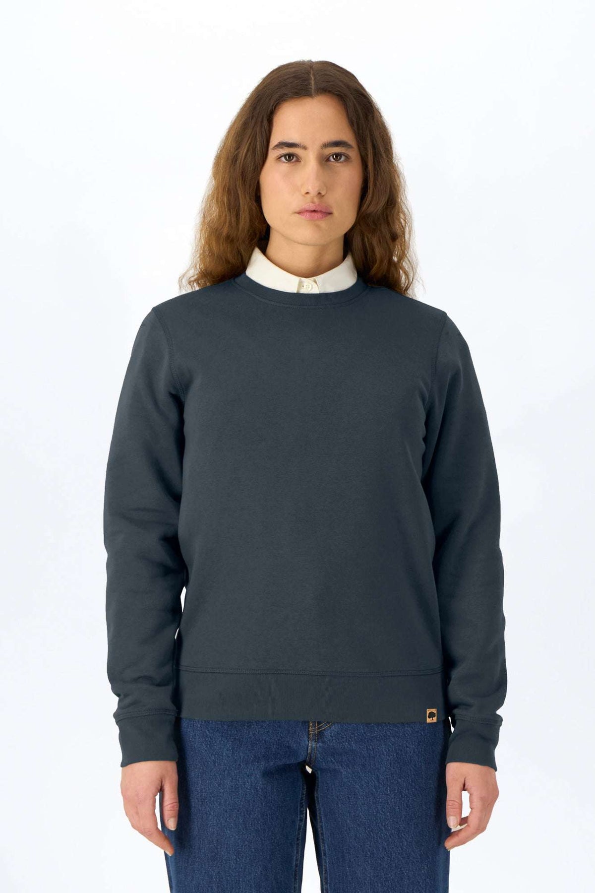 Leichter Pullover aus Bio-Baumwolle, dunkelblau, Frontansicht, Rundhals, lange Ärmel