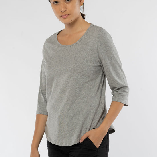 W-Damen-Three-Quarter-Sleeve-T-Shirt-aus-Bio-Baumwolle-Fair-Gehandelte-T-Shirts-Melange-Grey-Vorne