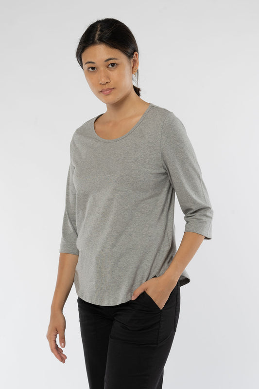 W-Damen-Three-Quarter-Sleeve-T-Shirt-aus-Bio-Baumwolle-Fair-Gehandelte-T-Shirts-Melange-Grey-Vorne