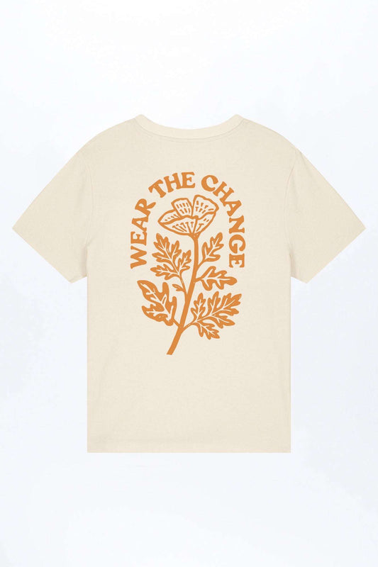 Beiges Damen-T-Shirt mit Rückenprint „FEAR THE CHANGE“ und Baum/Blumen