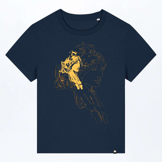 Dunkelblaues Damen-T-Shirt mit goldener Porträtgrafik auf der Vorderseite
