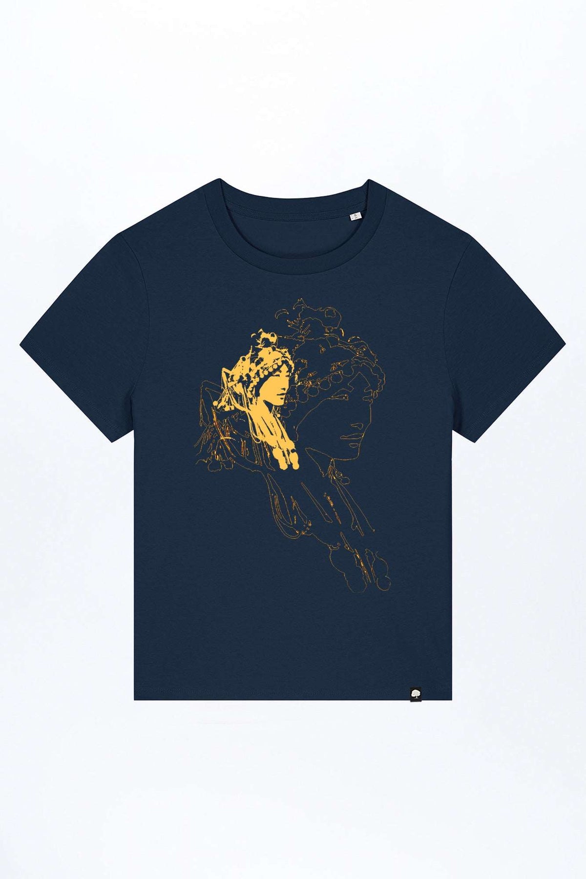 Dunkelblaues Damen-T-Shirt mit goldener Porträtgrafik auf der Vorderseite