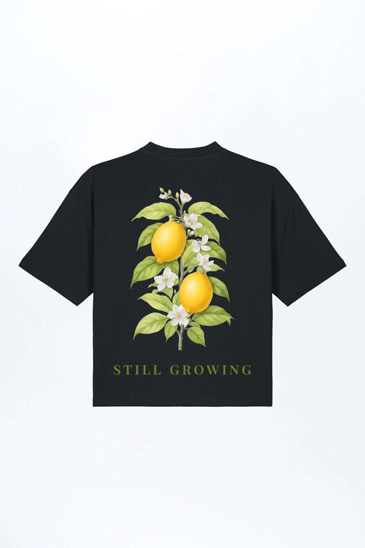 Damen-T-Shirt schwarz mit Zitronen-Print und Schriftzug „Still Growing“
