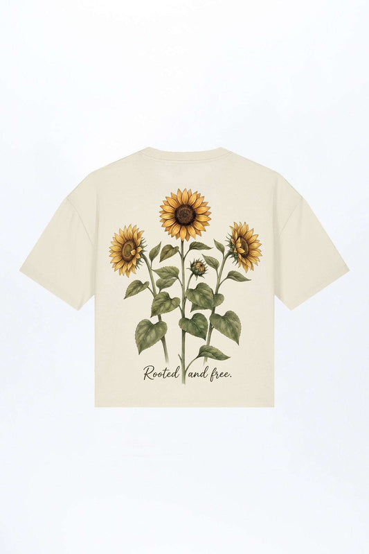 Damen-T-Shirt, hellbeige, großer Sonnenblumen-Print auf der Rückseite