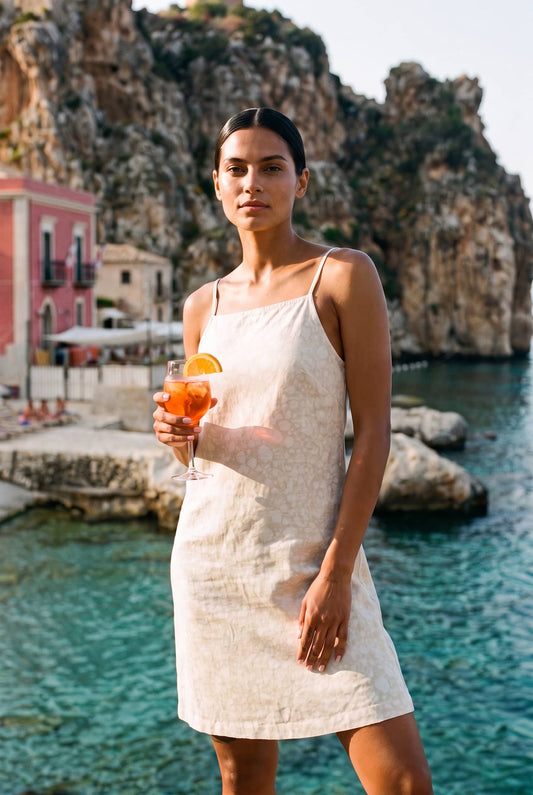 Cremefarbenes Kleid mit Spaghettiträgern und dezentem Blumenmuster, getragen von einer Frau am Wasser