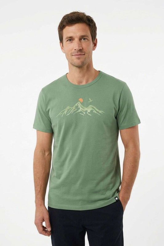 Herren-Bambus-T-Shirt in Grün mit Mountain-Gaze-Vogelmotiv, Modellansicht